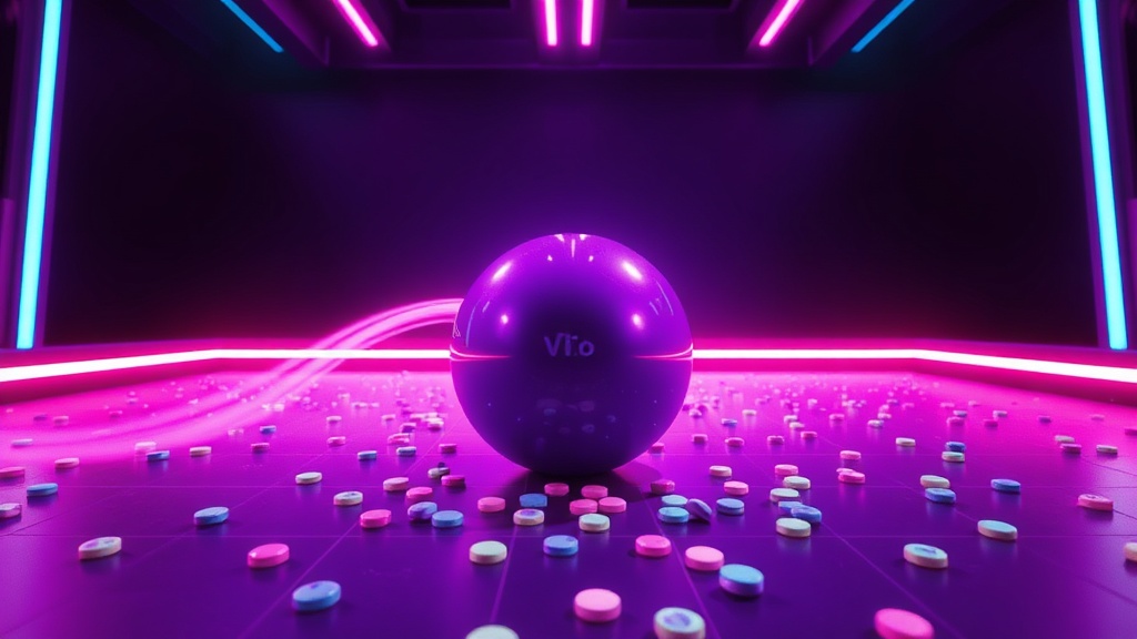 Neon arcade pit with purple orb and candy chips